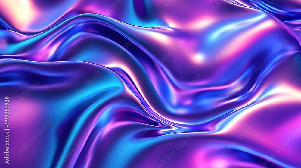 Obraz premium Metallic liquid background. Abstract neon texture. Rainbow 3d holographic foil. Wavy glossy surface in blue and purple colors