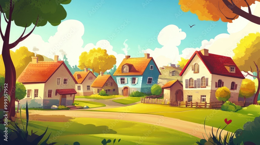 Naklejka premium A Charming Cartoon Village with Colorful Houses and Lush Greenery