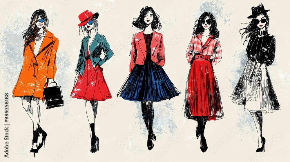 Fashionable Women in Stylish Autumn and Winter Outfits Walking on Runway Fashionable Women in Stylish Autumn and Winter Outfits Walking on Runway