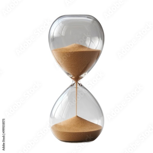 Large Hourglass with Sandfall Effect, Emphasizing the Dramatic Flow of Sand, Set Against a White Background to Highlight the Grandeur of the Hourglass and Its Visual Impact