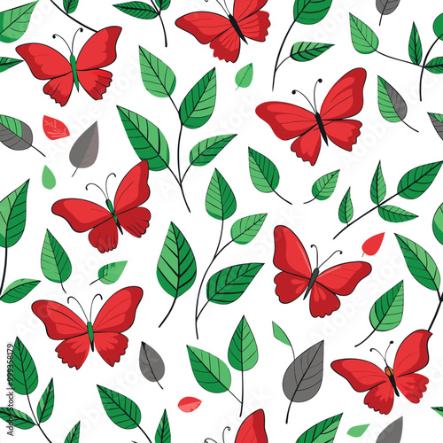 Vibrant red butterflies flutter among fresh green leaves forming a seamless pattern ideal for spring decor and nature inspired artwork