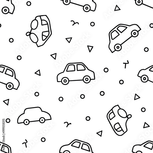 This seamless design features small charming cars scattered among vibrant confetti ideal for festive themes and creative projects