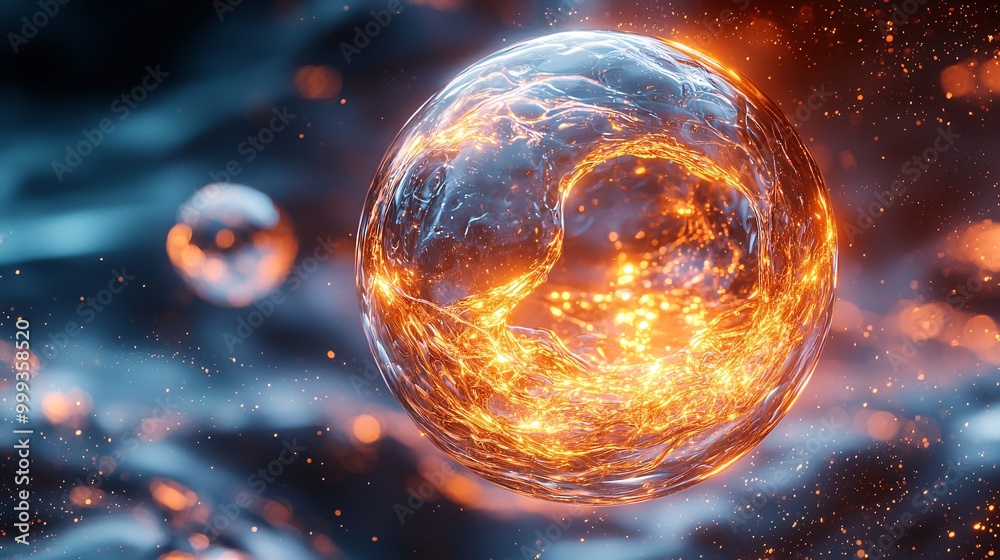 A glowing molecule inside a golden liquid bubble, casting soft light and reflections in a calm, fluid 3D space A glowing molecule inside a golden liquid bubble, casting soft light and reflections in a calm, fluid 3D space