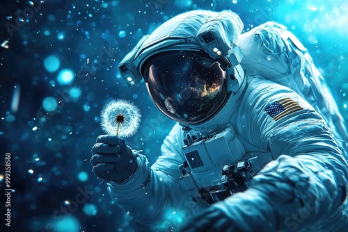 A man in a space suit holding a dandelion