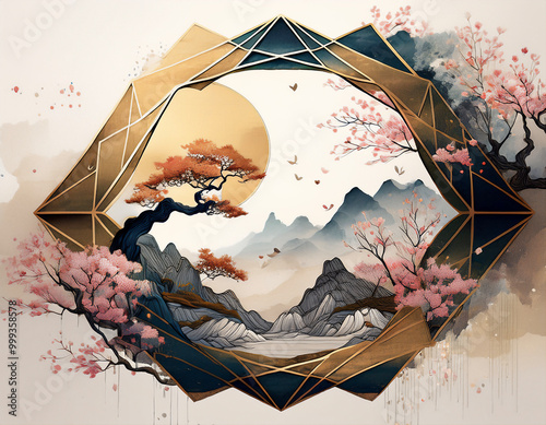 水墨画調の自然と融合した華やかで輝く和風で洗練された多角形のフレームアート　流動的で優雅な幾何学模様との融合した繊細な背景イメージ