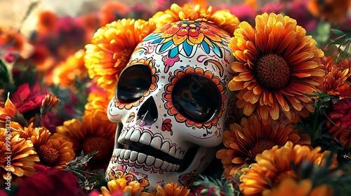 A beautifully painted skull surrounded by marigold flowers, symbolizing the Day of the Dead celebration in vibrant hues.