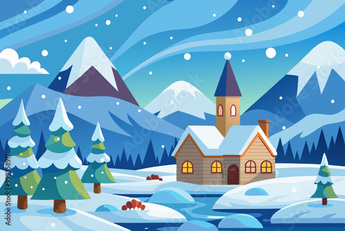 Ilustracion vectorial de una tarjeta de navidad con una casa y un arbol de navidad