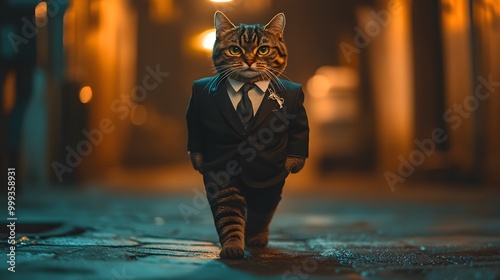 Cat in a mafia-inspired suit walking with a smug expression and confident stride