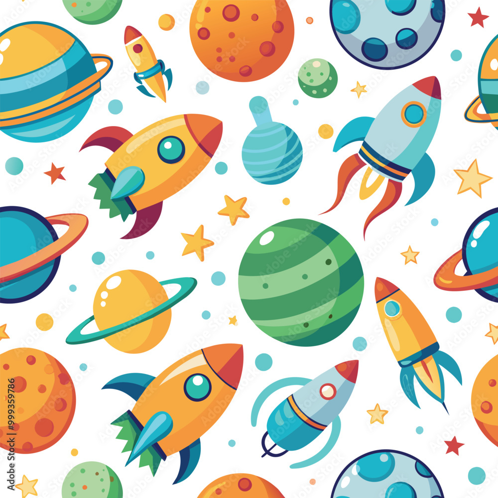 Naklejka premium Bright and engaging pattern showcases playful rockets soaring amidst a variety of vibrant planets and stars creating a lively cosmic atmosphere