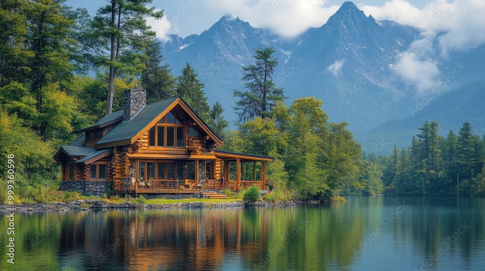 Fototapeta premium Secluded Log Cabin by a Mountain Lake