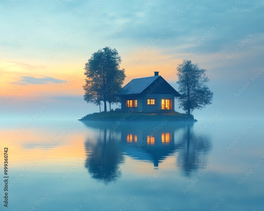 Obraz premium Blue water surrounds small island house