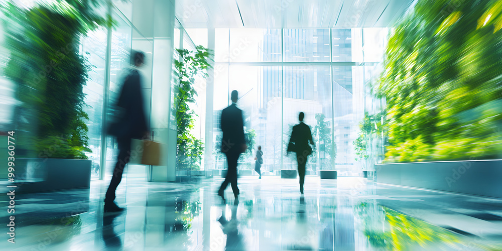 Abstract long exposure motion crowd business people walking commercial centre corporate green office in modern city lobby. Green sustainability natural light indoor plants garden environment Abstract long exposure motion crowd business people walking commercial centre corporate green office in modern city lobby. Green sustainability natural light indoor plants garden environment