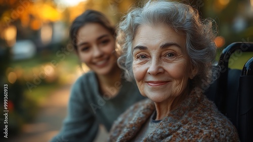  Happy nurse caring for elderly woman in a wheelchair. Young female pushing senior retirement nursing home patient in a wheelchair outdoors in a garden 
