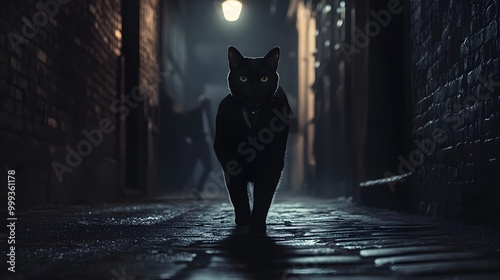 Cat in a dark suit walking confidently down a moonlit alley like a mafia kingpin photo