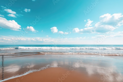 Panoramic View of a Sandy Beach Shore Bathed in Azure Skies During the Daytime