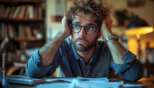 Overemployed Man Working Two Full Time photo