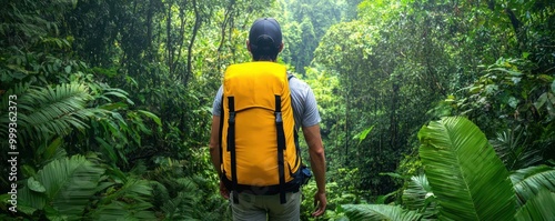 A hiker with a yellow backpack stands in a lush, green jungle, surrounded by dense foliage, ready to explore the beauty of nature and adventure. photo