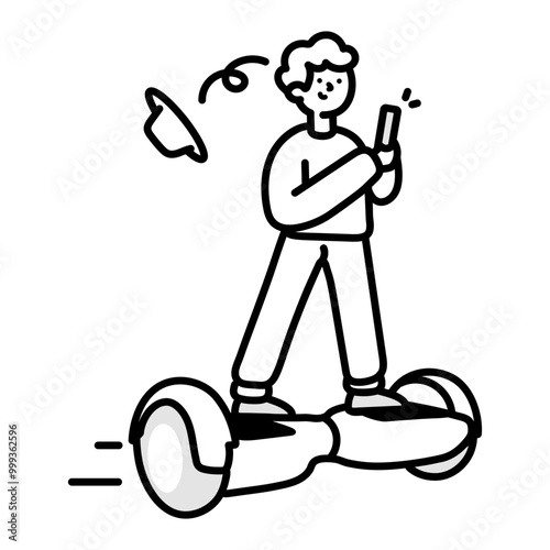 Boy enjoying hoverboarding and using mobile, doodle icon 

