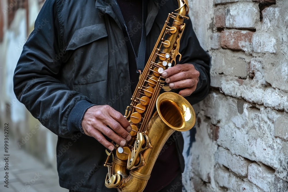Naklejka premium Man Playing Saxophone with Concrete Brick as Background