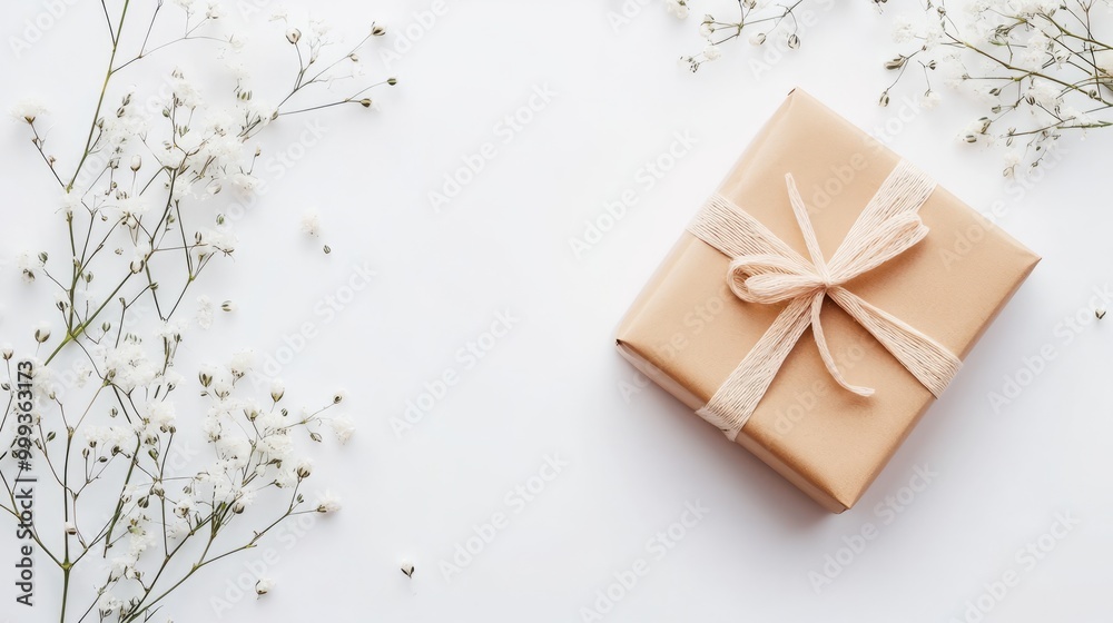 Elegantly Wrapped Gift Box with Floral Accents on Minimalist Background Elegantly Wrapped Gift Box with Floral Accents on Minimalist Background