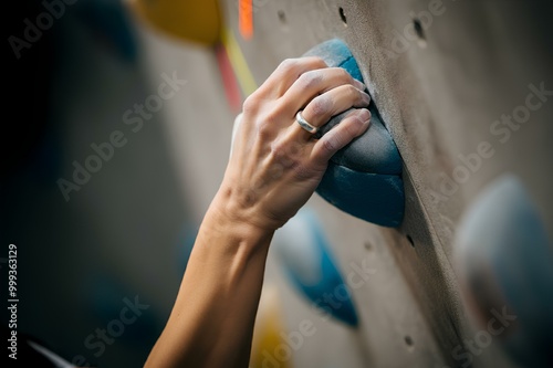 カラフルなボルダリングの壁。ボルダリング、クライミング・ホールドをつかむ手。手のクローズアップ｜Colorful bouldering wall. Bouldering, hands grasping climbing holds. Closeup of hand.