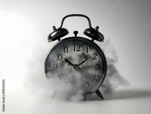 Eerie Vintage Analog Clock with Billowing Mist and Looming Shadows on Isolated White Background photo