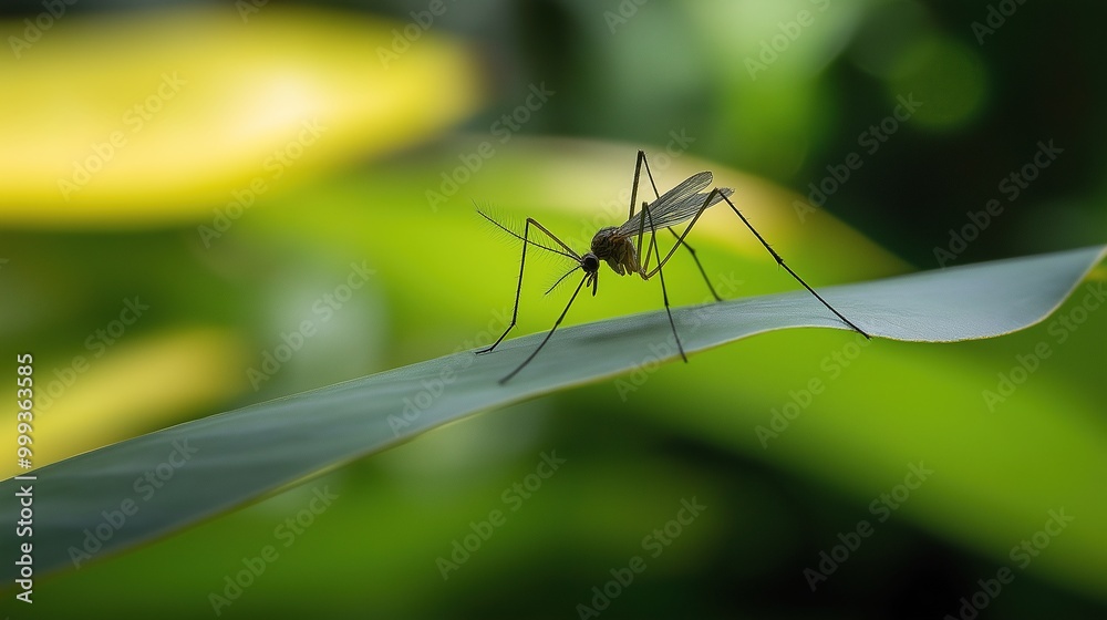 Close-up of mosquito resting on leaf in tropical forest, emphasizing its role in transmitting viruses, shallow depth of field. Close-up of mosquito resting on leaf in tropical forest, emphasizing its role in transmitting viruses, shallow depth of field.