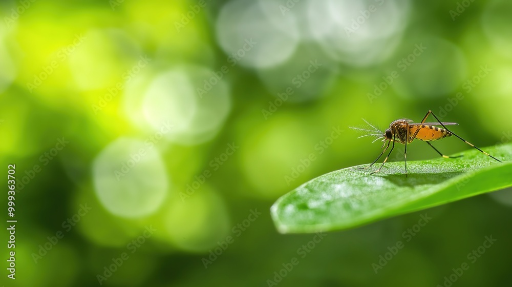 Close-up of mosquito resting on leaf in tropical forest, emphasizing its role in transmitting viruses, shallow depth of field. Close-up of mosquito resting on leaf in tropical forest, emphasizing its role in transmitting viruses, shallow depth of field.