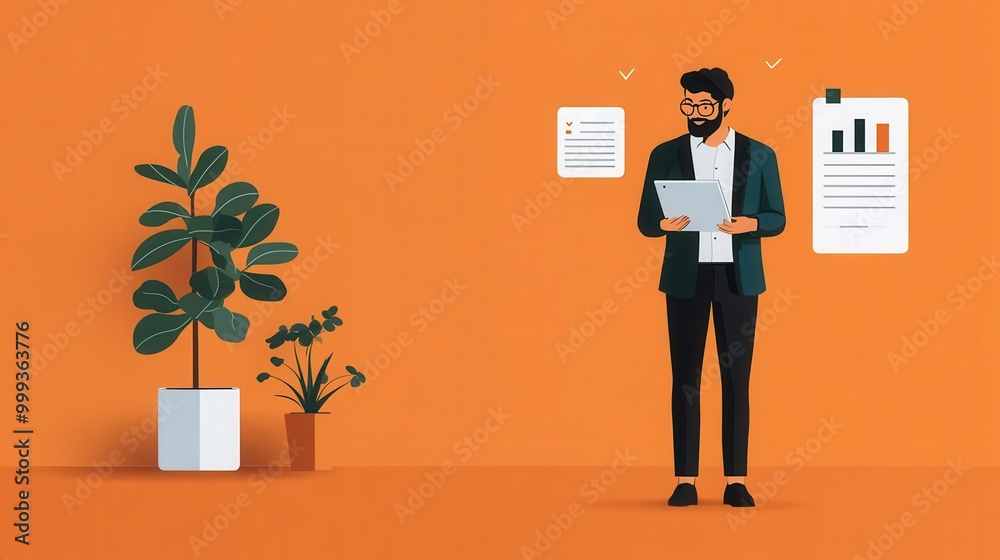 A professional man reviewing documents in a modern office with plants and charts, emphasizing productivity and organization. A professional man reviewing documents in a modern office with plants and charts, emphasizing productivity and organization.