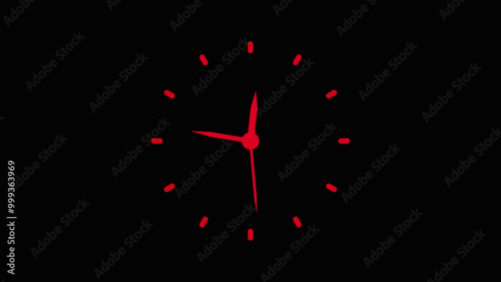 red color Analog clock spinning animation loop, alpha channel included. black background.