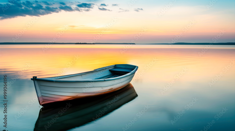 Tranquil Sunrise Over Serene Lake with Lone Rowboat Reflection Tranquil Sunrise Over Serene Lake with Lone Rowboat Reflection