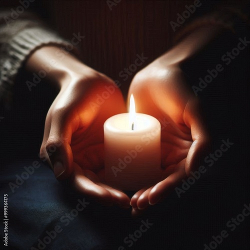 Cupped hands carrying a flickering candle, representing faith, prayer, and hope in the dark