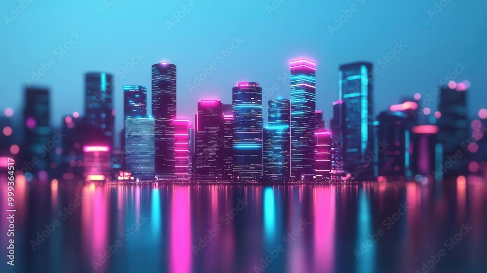 Obraz premium A vibrant city skyline illuminated with pink and blue neon lights reflecting on the water. The futuristic architecture showcases modern designs against a twilight sky.