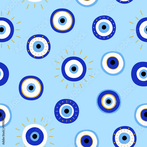 Seamless pattern with Evil eyes. Esoteric mystical blue background. Hand draw icons. Modern talisman amulet design for a poster, sticker, home decor. Fabric textile print. Boho art illustration.