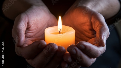 Cupped hands carrying a flickering candle, representing faith, prayer, and hope in the dark