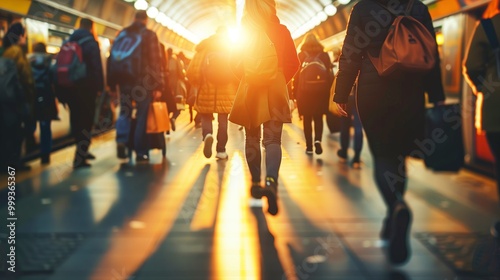 Commuters in Busy Train Station Corridor at Sunset. Autumnal Glow in Crowded Metro Station. photo