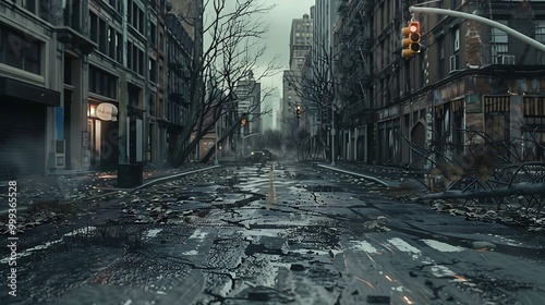 A desolate city street, overgrown and abandoned, reflecting a post-apocalyptic scene with debris and remnants of urban life.