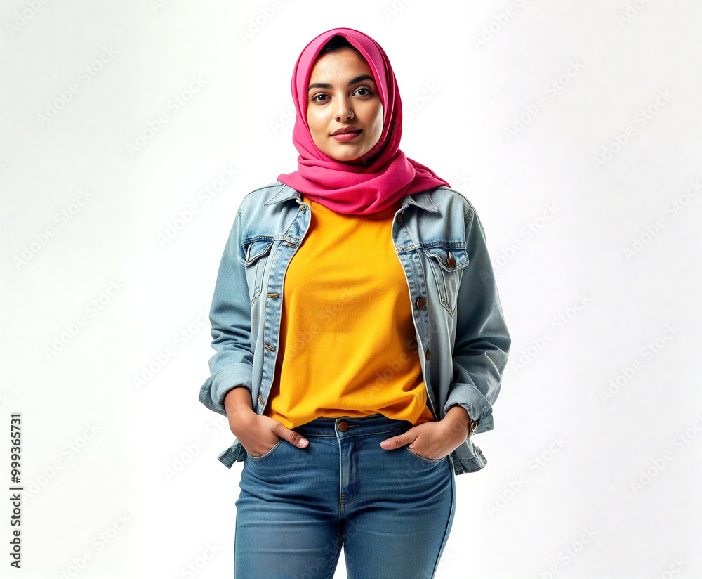 Young muslim woman is posing with a pink hijab, a denim jacket and a yellow t-shirt Young muslim woman is posing with a pink hijab, a denim jacket and a yellow t-shirt