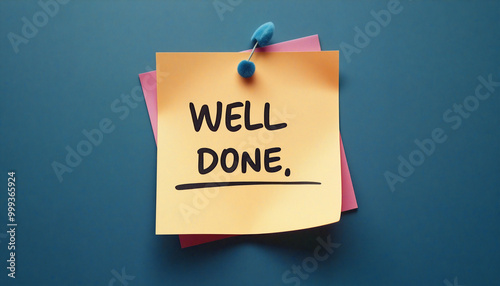 Yellow sticky note with well done written on it is pinned to a blue wall