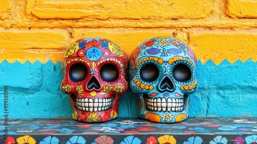 Colorful decorative skulls against a vibrant wall, symbolizing cultural celebration.