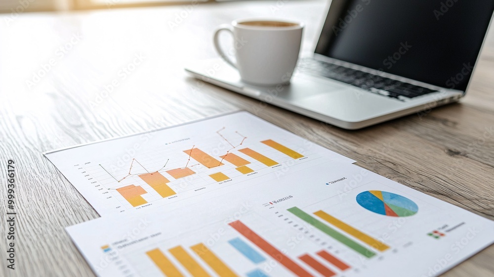 A sleek workspace equipped with visual data displays, a laptop, a notepad, and a coffee cup, designed for optimal focus and efficiency. A sleek workspace equipped with visual data displays, a laptop, a notepad, and a coffee cup, designed for optimal focus and efficiency.