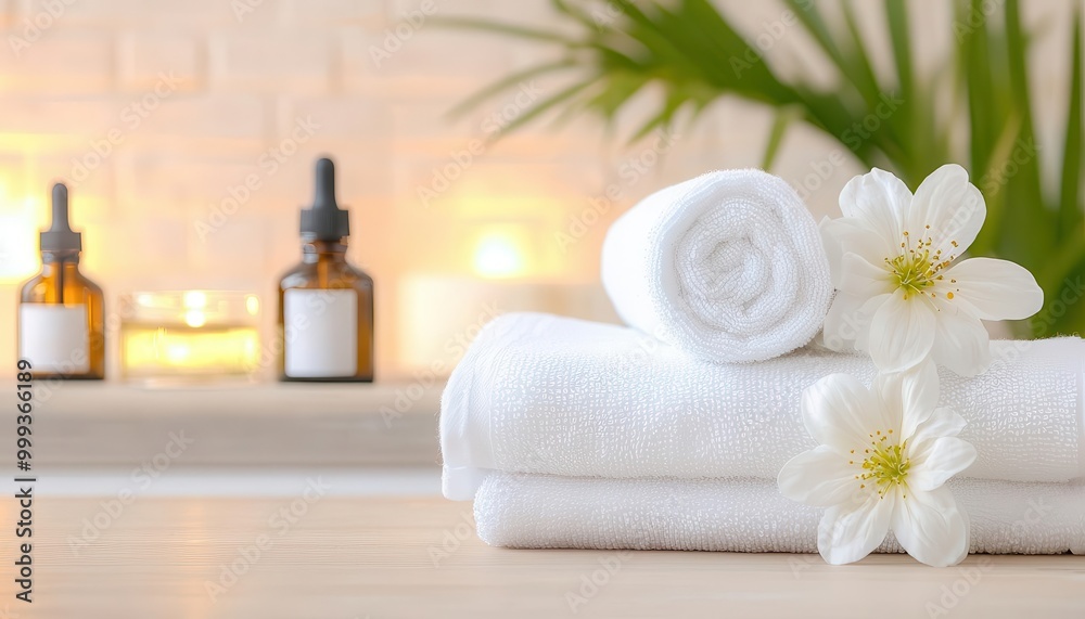 Spa setup with rolled towels, essential oil bottles, and fresh flowers, creating a serene and relaxing ambiance for wellness and self-care. Spa setup with rolled towels, essential oil bottles, and fresh flowers, creating a serene and relaxing ambiance for wellness and self-care.