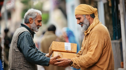 A compassionate individual shares food parcels with those in need, fostering kindness and support within the community.