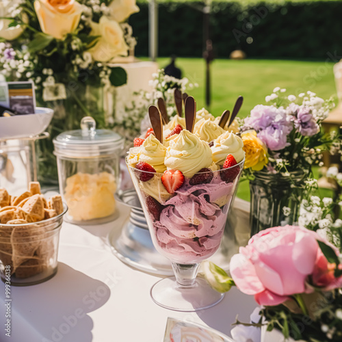 Ice cream desserts buffet table, event food catering for wedding, party and holiday celebration, ice creams and flowers decor in a floral countryside garden, post-processed, generative ai