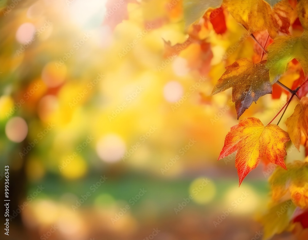 A close-up of autumn leaves glowing in sunlight with soft bokeh and light particles in the air, creating a dreamy, serene fall atmosphere against a dark green blurred background