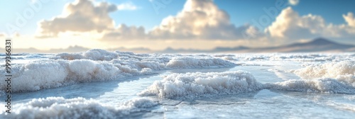 Salt Crust Textures, intricate details of salt formations on a flat surface with a blurred backdrop creating a striking contrast photo