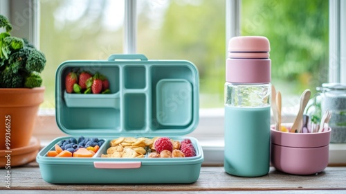 Photograph a matching lunch box and water bottle set, opened to display a balanced meal and snacks, perfect for school breaks