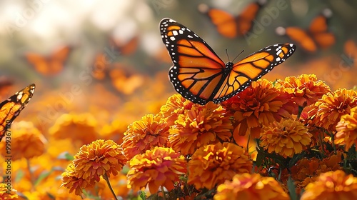 Butterfly on a bright flower, golden light, mist on leaves, symbolizing tech and nature's connection