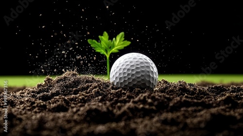 A golf ball emerging from moist soil with a small green sprout, symbolizing growth and potential.