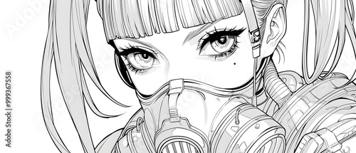 Anime woman in respirator outline. photo